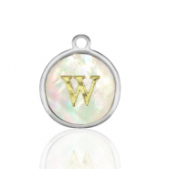 Stainless Steel - Rostfrei Stahl Anhänger 12mm shell initial W White (Naturliche Farbe Muschel)-silver