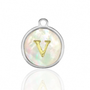 Stainless Steel - Rostfrei Stahl Anhänger 12mm shell initial V White (Naturliche Farbe Muschel)-silver