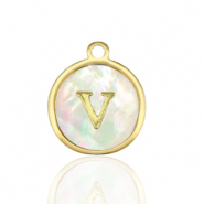 Stainless Steel - Rostfrei Stahl Anhänger 12mm shell initial V White (Naturliche Farbe Muschel)-gold
