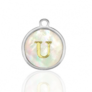 Stainless Steel - Rostfrei Stahl Anhänger 12mm shell initial U White (Naturliche Farbe Muschel)-silver