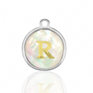 Stainless Steel - Rostfrei Stahl Anhänger 12mm shell initial R White (Naturliche Farbe Muschel)-silver