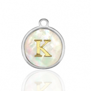 Stainless Steel - Rostfrei Stahl Anhänger 12mm shell initial K White (Naturliche Farbe Muschel)-silver