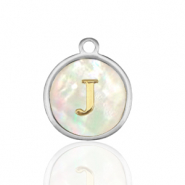 Stainless Steel - Rostfrei Stahl Anhänger 12mm shell initial J White (Naturliche Farbe Muschel)-silver