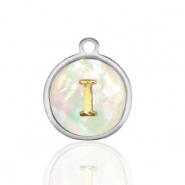 Stainless Steel - Rostfrei Stahl Anhänger 12mm shell initial I White (Naturliche Farbe Muschel)-silver