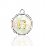 Stainless Steel - Rostfrei Stahl Anhänger 12mm shell initial G White (Naturliche Farbe Muschel)-silver