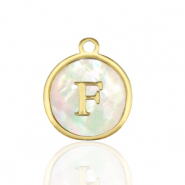 Stainless Steel - Rostfrei Stahl Anhänger 12mm shell initial F White (Naturliche Farbe Muschel)-gold