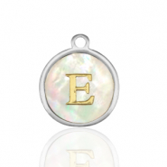 Stainless Steel - Rostfrei Stahl Anhänger 12mm shell initial E White (Naturliche Farbe Muschel)-silver