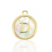 Stainless Steel - Rostfrei Stahl Anhänger 12mm shell initial D White (Naturliche Farbe Muschel)-gold