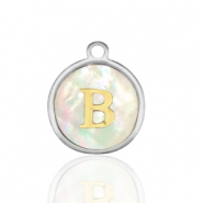 Stainless Steel - Rostfrei Stahl Anhänger 12mm shell initial B White (Naturliche Farbe Muschel)-silver