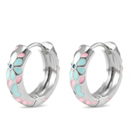 Brass TQ Metall Creolen mit Enamel Flower Silver-blue pink