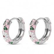 Brass TQ Metall Creolen mit Enamel Flower Silver-pink white