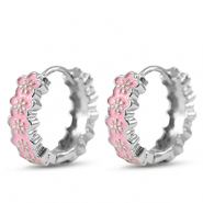 Brass TQ Metall Creolen mit Enamel Flower Silver-pink