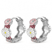 Brass TQ Metall Creolen mit Enamel Flower Silver-white pink