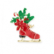 Broschen Schlittschuh mit Tannenzweigen Gold-red-green
