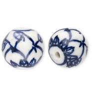 Perlen Keramik 15 mm mit Blatt Off white-Delft blue