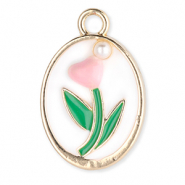 Metall Anh&auml;nger Oval mit Tulpe mit Perle Gold-white-green-light pink