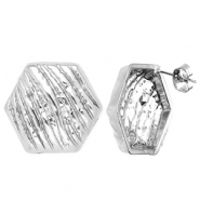 Stainless Steel - Rostfrei Stahl Schmuckzubeh&ouml;r Ohrringe / Ohrstecker Hexagon mit &Ouml;se Silver
