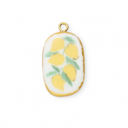 Anh&auml;nger Keramik Oval mit Zitronen Gold-white-yellow-green
