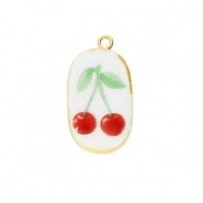 Anh&auml;nger Keramik Oval mit Kirschen Gold-white-red-green