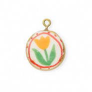 Anh&auml;nger Keramik Rund mit Blume Gold-white-red-green-orange