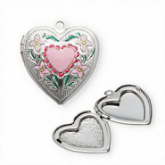 Medaillon Anhänger aus rostfreiem Edelstahl mit Enamel, Herz mit Blumen Silver-pink-green