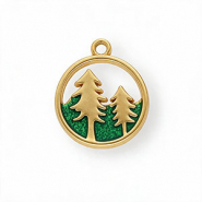 Anhänger aus rostfreiem Edelstahl mit Enamel, Rund mit Bäume Gold-green