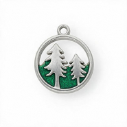 Anhänger aus rostfreiem Edelstahl mit Enamel, Rund mit Bäume Silver-green