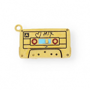 Anhänger aus rostfreiem Edelstahl mit Enamel, Musikkassette Gold-light blue-red