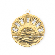 Anh&auml;nger aus rostfreiem Edelstahl mit Strass, Rund mit Sonnenuntergang Gold-crystal