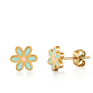 Ohrringe aus Stainless Steel - Rostfreiem Stahl Blume Turquoise-gold