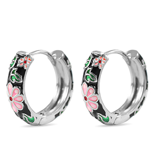 Brass TQ Metall Creolen mit Enamel Flower Silver-black pink