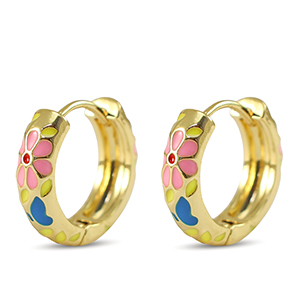 Brass TQ Metall Creolen mit Enamel Flower Gold-pink yellow