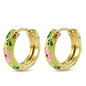 Brass TQ Metall Creolen mit Enamel Flower Gold-pink yellow