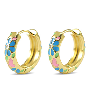 Brass TQ Metall Creolen mit Enamel Flower Gold-pink blue