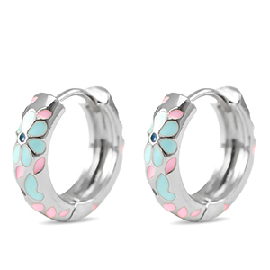 Brass TQ Metall Creolen mit Enamel Flower Silver-blue pink