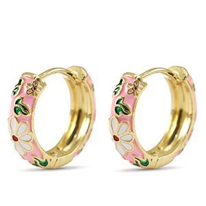 Brass TQ Metall Creolen mit Enamel Flower Gold-pink white