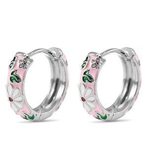 Brass TQ Metall Creolen mit Enamel Flower Silver-pink white