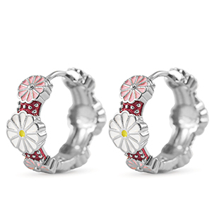 Brass TQ Metall Creolen mit Enamel Flower Silver-white pink