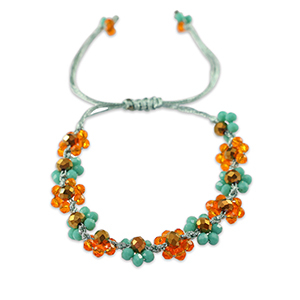 Facett Glas Fusskettchen  Blume Orange-ocean blue