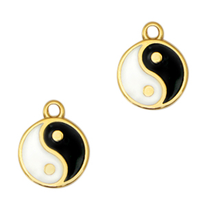 Metall Anh&auml;nger DQ Symbol Yin & Yang 15mm Gold-schwarz-weiss (Nickelfrei)