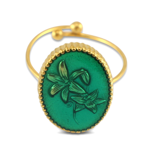 Ringe aus Stainless Steel - Rostfreiem Stahl Enamel Oval mit Blume Gold-dark green