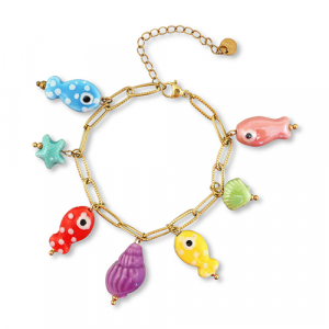 Armb&auml;nder aus Stainless Steel - Rostfreiem Stahl mit Anh&auml;nger Fisch Gold-multicolour