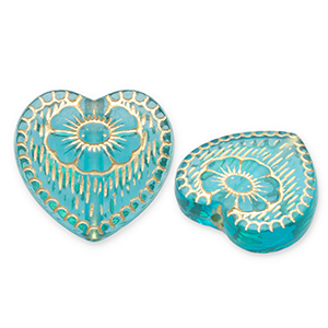 Acrylperlen Herz mit Blume Teal blue-gold