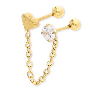 Ohrpiercing aus Stainless Steel - Rostfreiem Stahl Herz mit Kette & Strass Gold-crystal