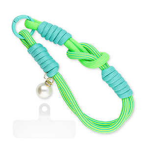 Trendy Segeltau-Handykette mit Perle inkl. Befestigungs-Patch Neon green-turquoise teal-ivory white