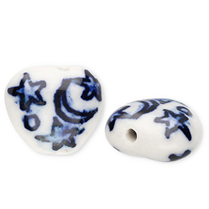 Perlen Keramik Herz mit Mond und Sterne Off white-Delft blue