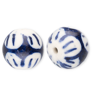 Perlen Keramik 12 mm mit Blume Off white-Delft blue