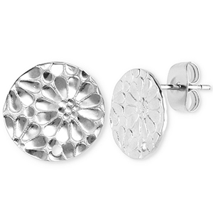 Stainless Steel - Rostfrei Stahl Schmuckzubeh&ouml;r Ohrringe / Ohrstecker Rund mit Blume mit &Ouml;se Silver