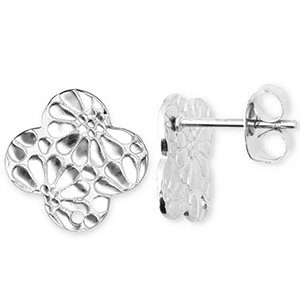 Stainless Steel - Rostfrei Stahl Schmuckzubeh&ouml;r Ohrringe / Ohrstecker Gl&uuml;cksklee mit Blume mit &Ouml;se Silver