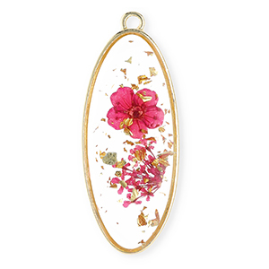 Anh&auml;nger mit getrockneter Blume Lang Oval Gold-cherry pink